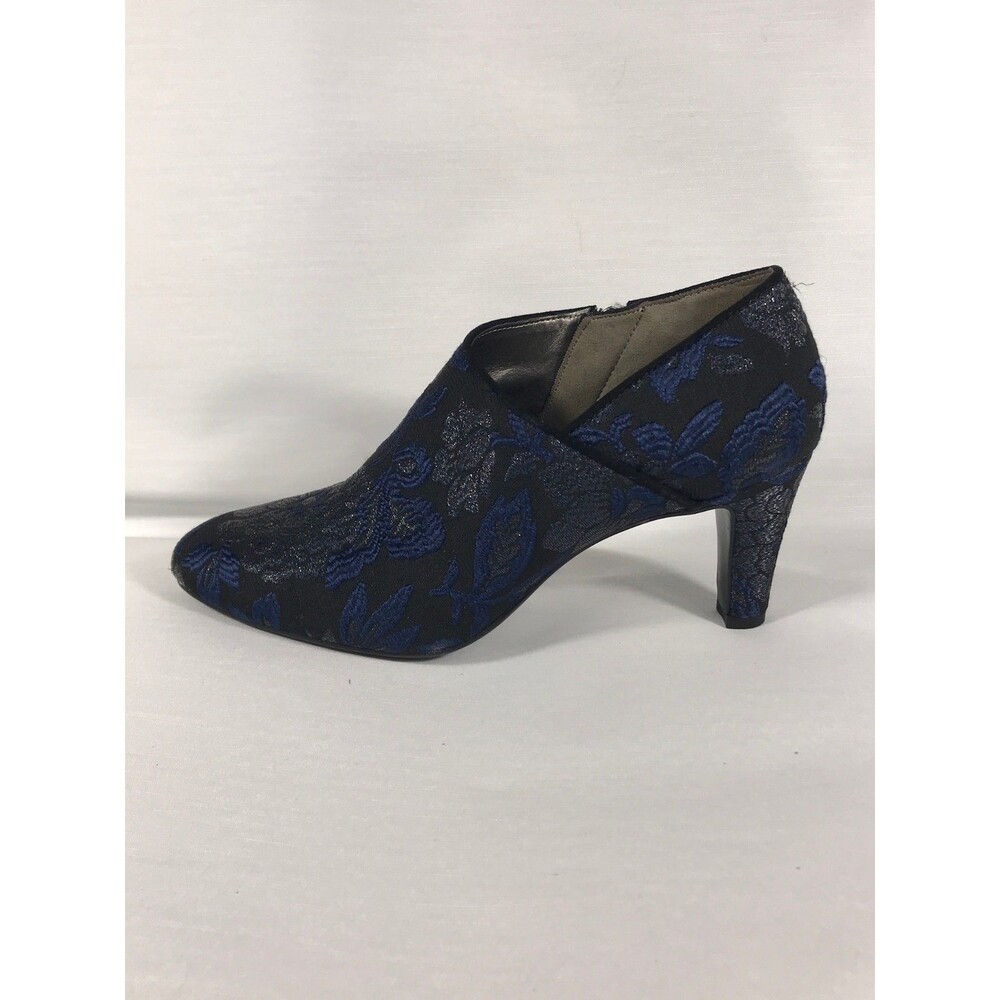 Bandolino Wikol Ankle Booties 9M Blue Black Floral Brocade Whimsigoth Heels